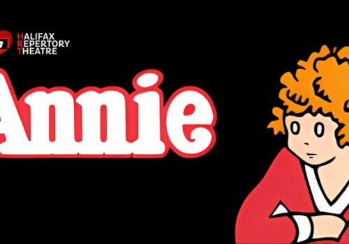 The image shows a poster for "Annie" with an illustration of a girl and the Halifax Repertory Theatre logo.