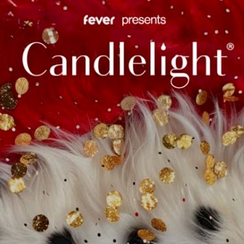 The image features a red background with gold confetti and white fur accents, and the text "Fever presents Candlelight."