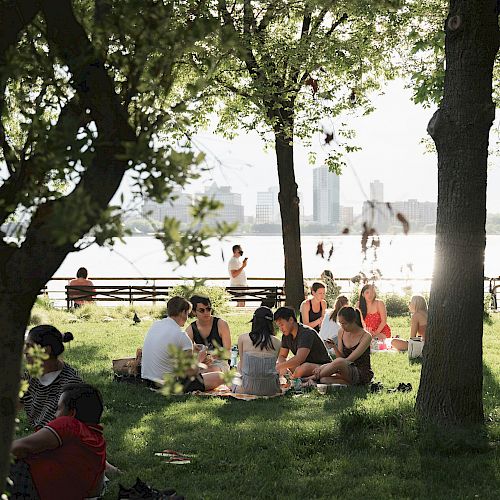 People gathered in a park, sitting on the grass, enjoying a sunny day with trees providing shade and water in the background, creating a pleasant scene.