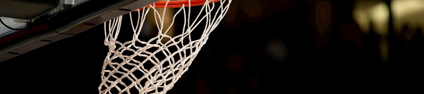 A basketball is about to go through the hoop, surrounded by a net, with a crowd blurred in the background.