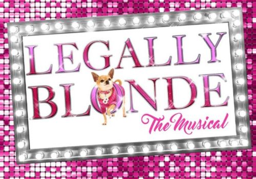 Poster for "Legally Blonde The Musical" featuring a Chihuahua, bordered with lights on a pink sequin background.