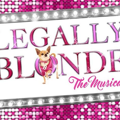 Poster for "Legally Blonde The Musical" featuring a Chihuahua, bordered with lights on a pink sequin background.