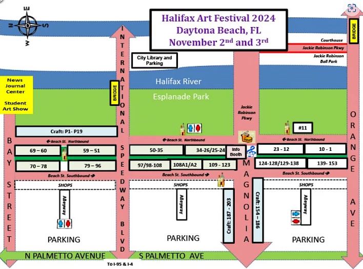 A map of the Halifax Art Festival 2024 in Daytona Beach, FL, showing booth locations, parking, and event areas on November 2nd and 3rd.