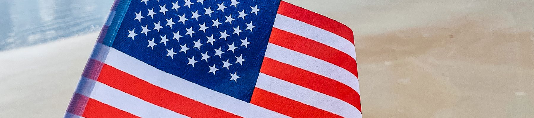 An American flag is planted on a sandy beach, with the ocean and blue sky in the background ending the sentence.