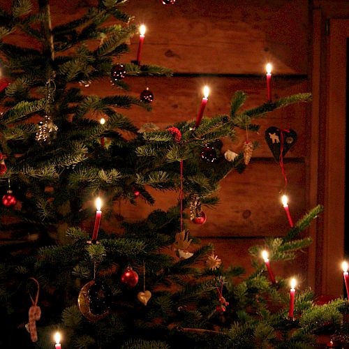 A warmly lit Christmas tree adorned with candles and ornaments against a wooden backdrop, creating a cozy holiday atmosphere.