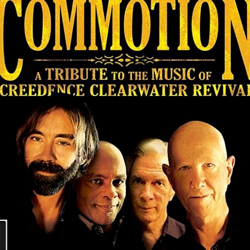 Image of a band named "Commotion" paying tribute to Creedence Clearwater Revival, featuring four members with text describing the tribute.