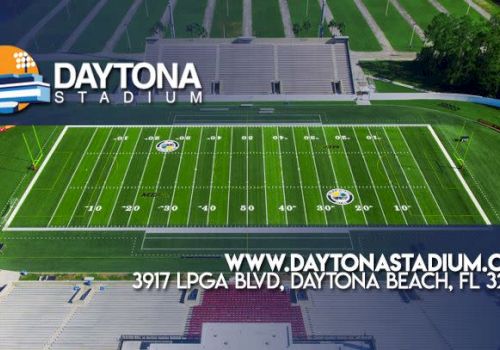 The image shows Daytona Stadium with its football field, plus contact info including website and address in Daytona Beach, FL.