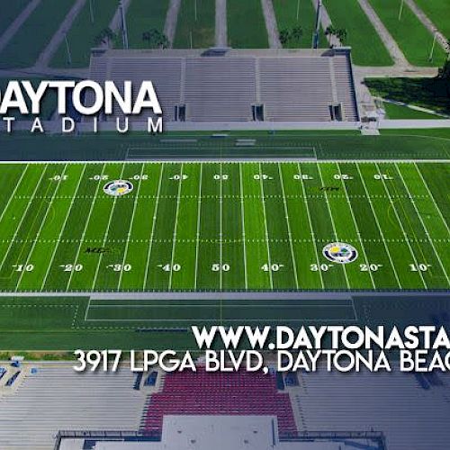 The image shows Daytona Stadium with its football field, plus contact info including website and address in Daytona Beach, FL.