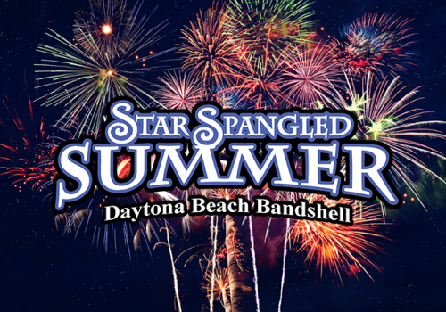 The image shows fireworks in the night sky with the text "Star Spangled Summer Daytona Beach Bandshell" in the foreground, ending the sentence.