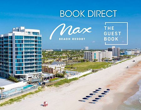 Beachfront resort with modern buildings, beachfront access, and chairs on the sand. Text reads "Book Direct - Max Beach Resort."