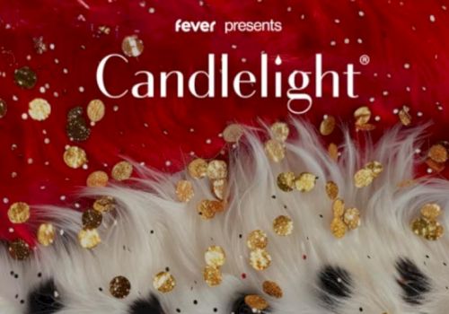 The image shows a festive background with gold confetti, feathers, and text: "Fever presents Candlelight."