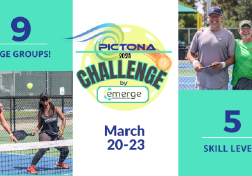Image promoting the 2023 Picktona Challenge: March 20-23. Featuring 9 age groups and 5 skill levels, presented by Emerge.