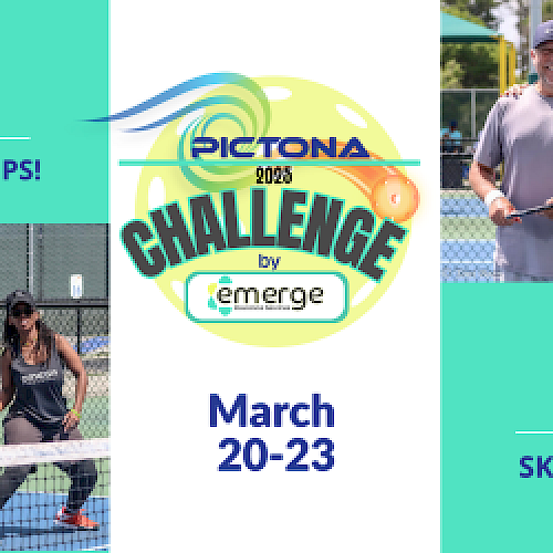 Image promoting the 2023 Picktona Challenge: March 20-23. Featuring 9 age groups and 5 skill levels, presented by Emerge.