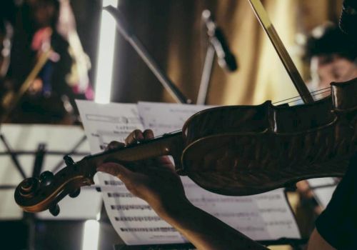A person is playing a violin in front of sheet music, with dim lighting and a microphone stand in the background.