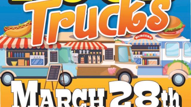 Event poster for "Food Trucks" on March 28th at Shores Pavilion and McElroy Park.