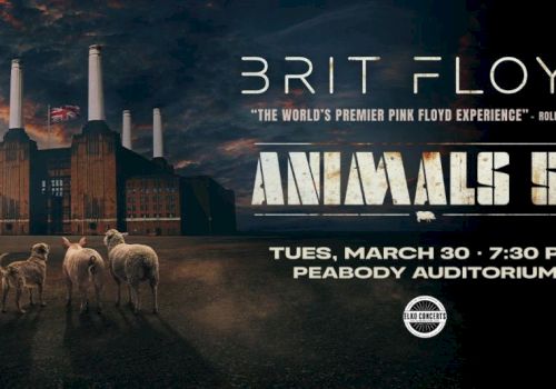 A concert poster for &ldquo;3RIT FLOYD: ANIMALS,&rdquo; with three pigs and show details for Tuesday March 30 at 7:30 PM at Peabody Auditorium.