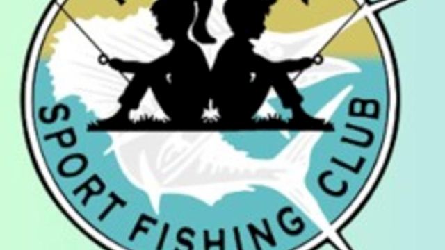 The image shows a logo with silhouettes of a boy and girl fishing, featuring the text "Halifax Sport Fishing Club" and a large fish.