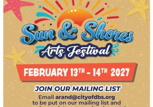 A &ldquo;Sun & Shores Arts Festival&rdquo; poster for Feb 13&ndash;14, 2027, inviting people to join the mailing list at arana@cityoflbs.org, ending in sunshine-themed graphics.