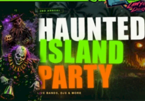 A Halloween &ldquo;Haunted Island Party&rdquo; poster with spooky characters and colorful text on a dark background, advertising live music and DJs.