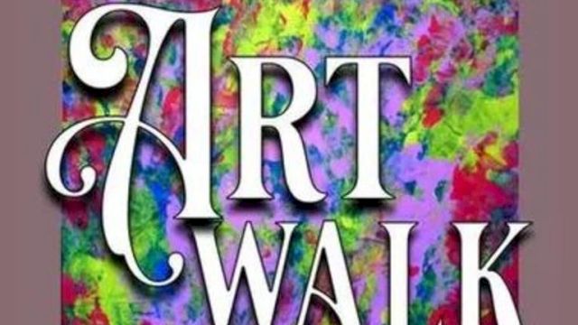 The image has the words "First Friday Art Walk" over a colorful, abstract background.