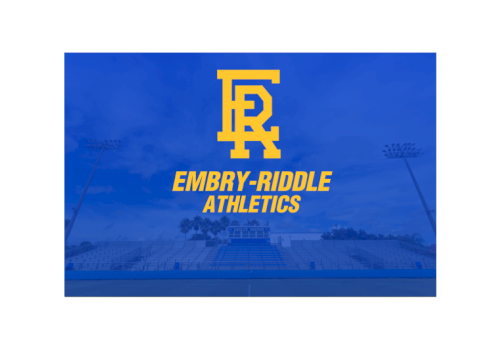 The image shows the Embry-Riddle Athletics logo with a blue background and a stadium scene.