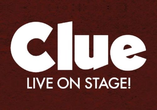 The image shows the text "Clue LIVE ON STAGE!" on a brown background, suggesting a theatrical production.