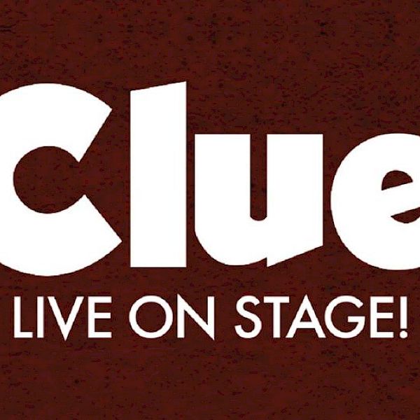 The image shows the text "Clue LIVE ON STAGE!" on a brown background, suggesting a theatrical production.