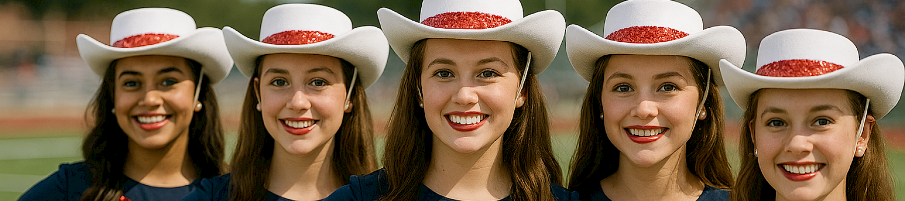 Five people in matching uniforms with red chevrons and white hats, smiling and standing side by side outside on a field.