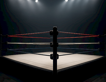 A spotlighted boxing ring is seen, empty and awaiting action, under bright overhead lights in a dimly lit arena.