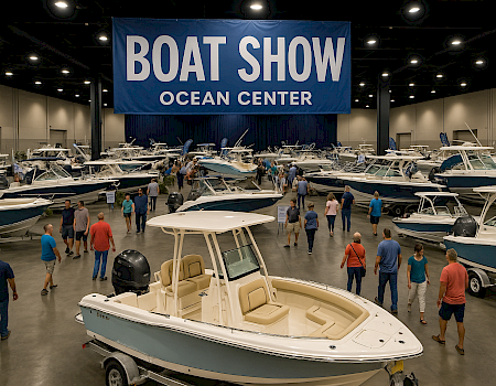 The image shows a boat show at the Ocean Center, with various boats on display and people walking around.