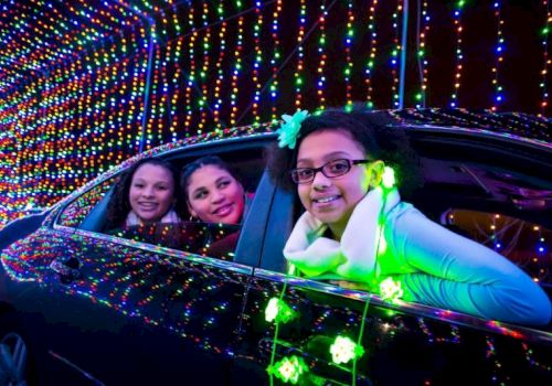 Three people in a car smile at a vibrant display of colorful holiday lights.