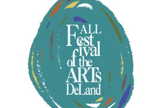 The image shows a teal circular design with colorful accents and the text: "Fall Festival of the Arts DeLand."