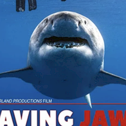 Cover of "Saving Jaws" featuring a large shark underwater with divers above.