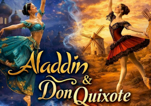 A poster for Aladdin & Don Quixote featuring two dancers in colorful costumes and windmills in the background, dramatic text centerpiece. (140 chars)