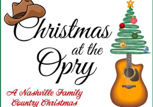 Illustration of a cowboy hat, a decorated tree, and a guitar with text: "Christmas at the Opry, A Nashville Family Country Christmas."