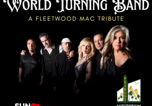 The image shows the "World Turning Band," a Fleetwood Mac tribute band, with members standing together and Peabody Auditorium mentioned.