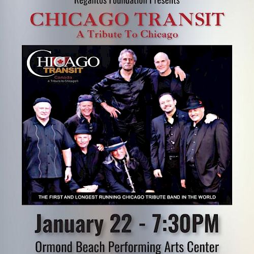 Poster for "Chicago Transit: A Tribute To Chicago" at Ormond Beach Performing Arts Center, January 22, 7:30 PM.