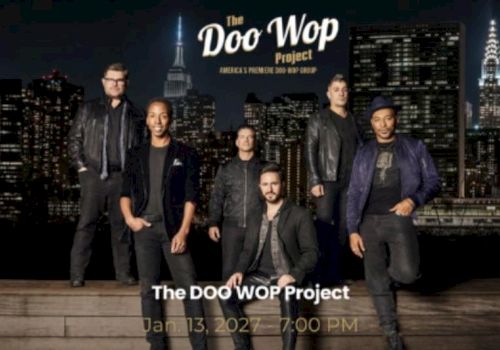 A promotional poster for The Doo Wop Project: five men posing on a NYC rooftop skyline backdrop.