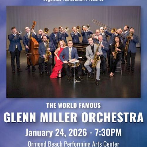 Image of the Glenn Miller Orchestra with concert details for January 24, 2026, at Ormond Beach Performing Arts Center.