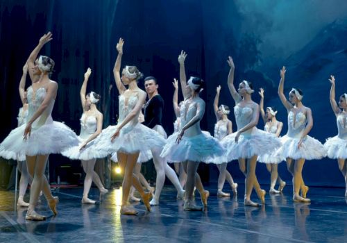 A group of ballet dancers in white tutus performs on stage under blue spotlight, holding graceful poses in synchronized lines.