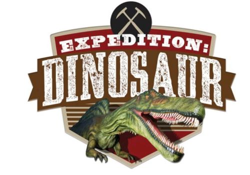 The image features a logo with "Expedition: Dinosaur," depicting a dinosaur and two crossed tools in the background.