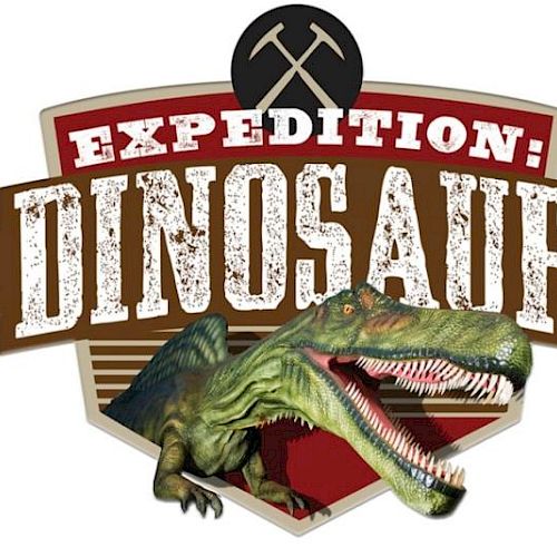 The image features a logo with "Expedition: Dinosaur," depicting a dinosaur and two crossed tools in the background.