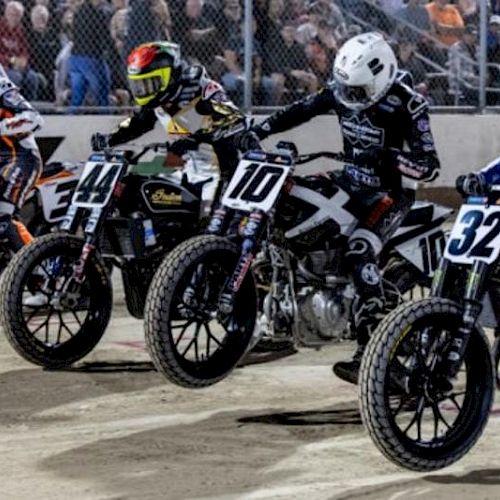 Motorcyclists lined up for a race on dirt track. Each bike has numbers, riders with helmets. Spectators watching from behind the fence.