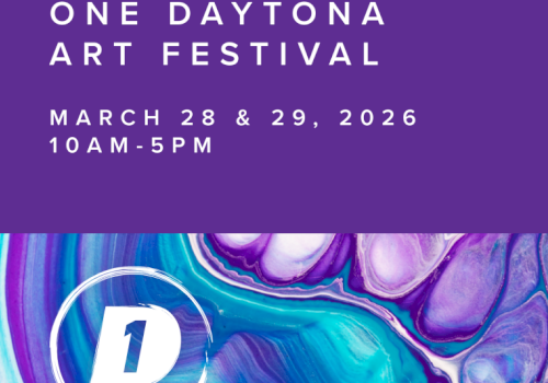 Poster for One Daytona Art Festival on March 28-29, 2026, 10AM-5PM, with a purple and blue abstract background.