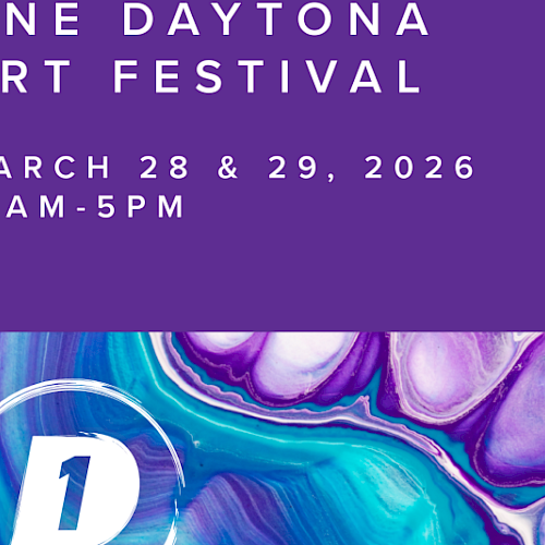 Poster for One Daytona Art Festival on March 28-29, 2026, 10AM-5PM, with a purple and blue abstract background.