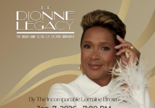A promotional book cover for &ldquo;The Dione Legacy,&rdquo; featuring Lorraine Brown smiling and holding feathers, with the title and event details shown.