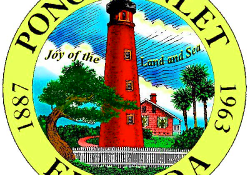 The image is a seal for Ponce Inlet, Florida, featuring a red lighthouse and the phrases “Joy of the Land and Sea,” “1887,” and “1963.”