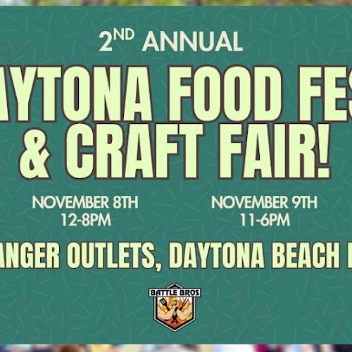 The image is a promotional poster for the 2nd Annual Daytona Food Fest & Craft Fair held at Tanger Outlets, Daytona Beach, FL on November 8-9.