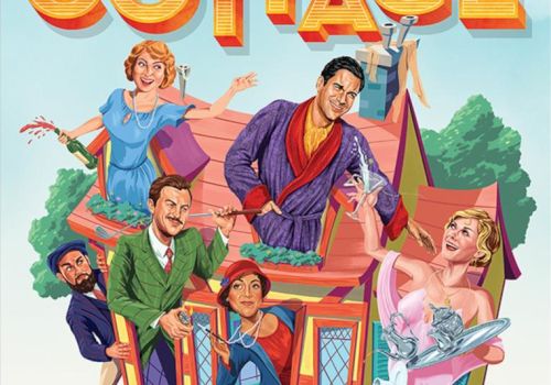 The image is a colorful illustration of people animatedly gathered around a whimsical cottage, with lively expressions and gestures.