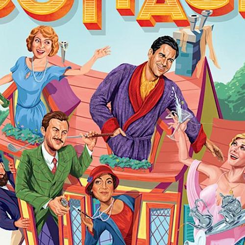 The image is a colorful illustration of people animatedly gathered around a whimsical cottage, with lively expressions and gestures.